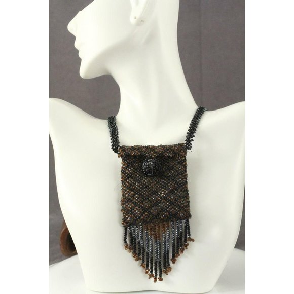 Artisan Wicca Jewelry - Artisan Jewelry Beaded WICCA Amulet Bag Black & Brown Necklace Liz Schwartz